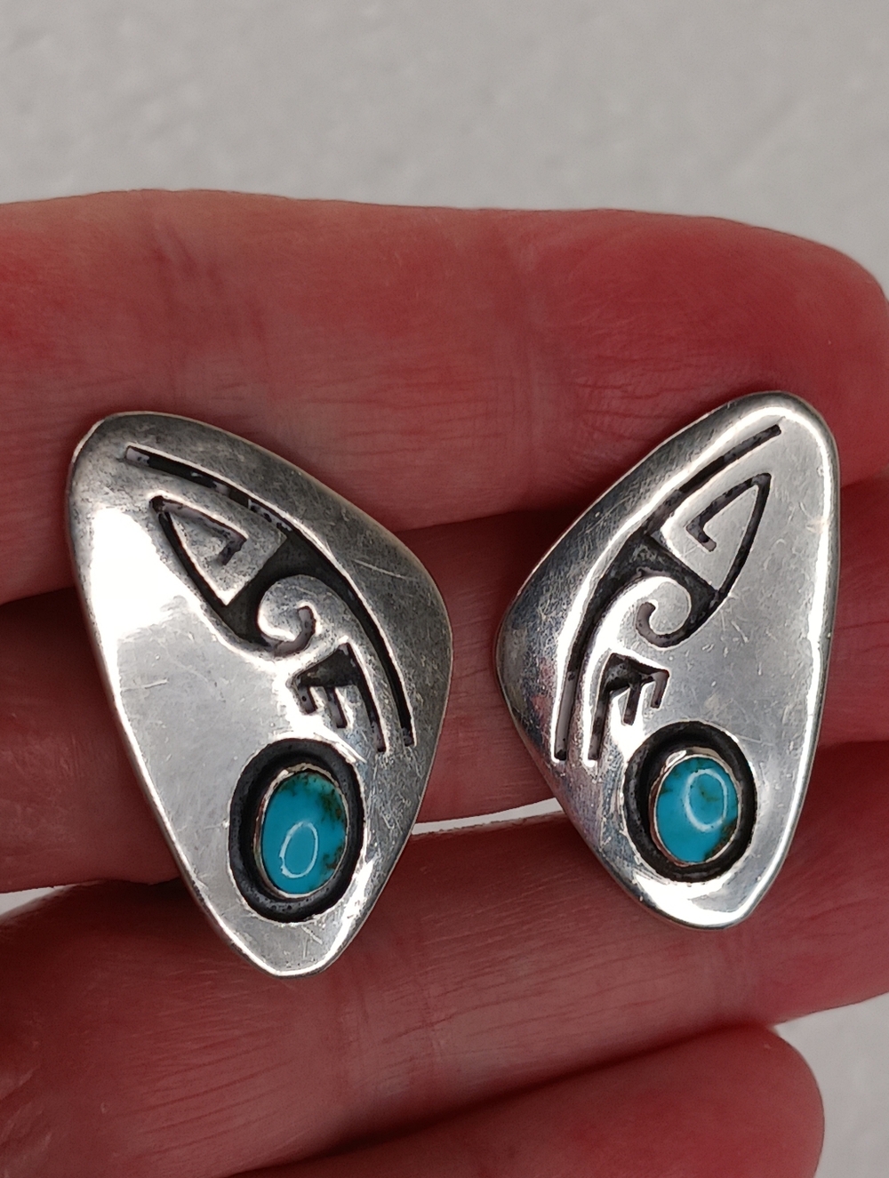 Earrings Clip On Vintage Navajo Sterling Turquoise Elongated Shadowbox Symbols - Picture 2 of 12